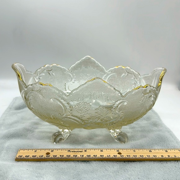 Vintage Oval Heavy Pressed 4-Footed Glass Bowl with Floral Design and Gold Trim - Picture 1 of 9